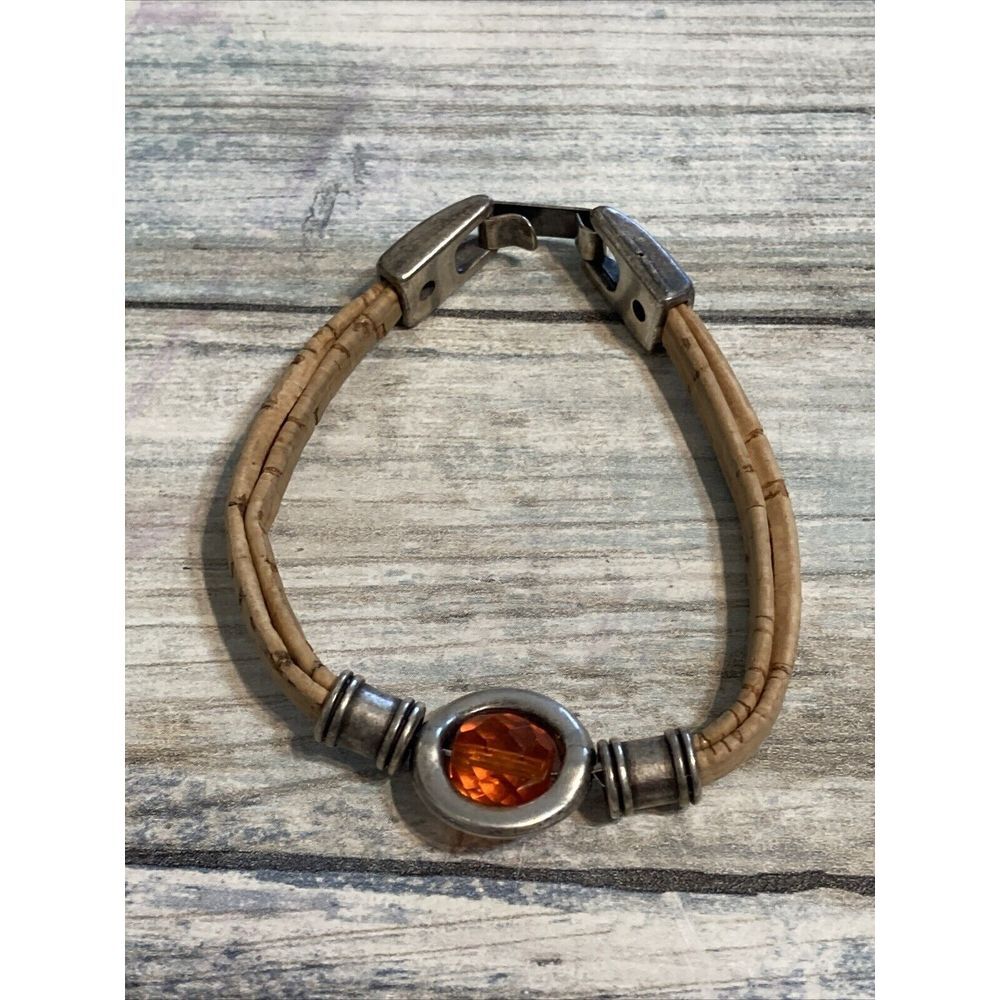 Sterling Silver Cork Band Orange Bead Bracelet Hook‎ Clasp Unique 7.5"